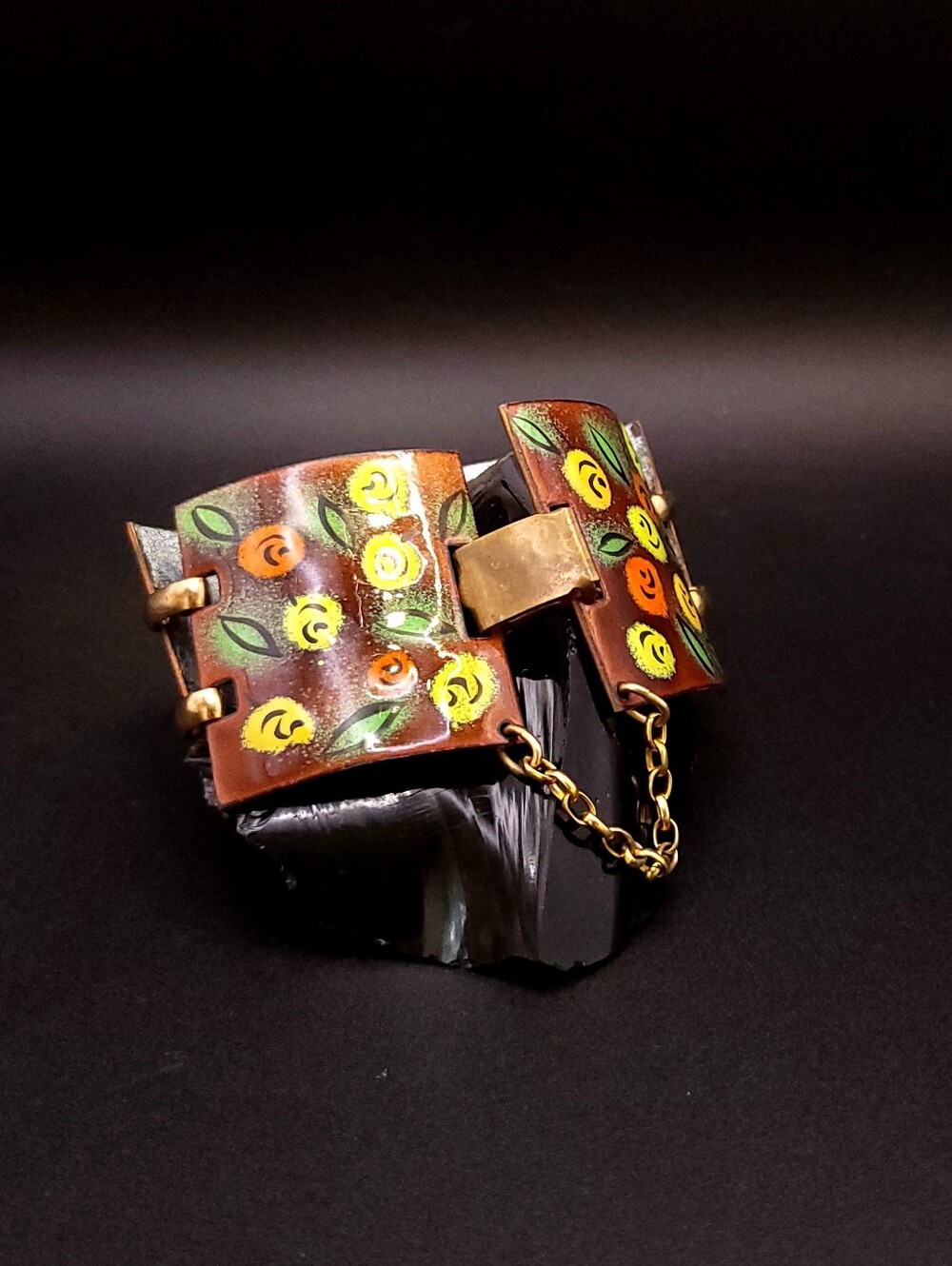 Vintage Hand Painted Floral Panel Bracelet Wide Articulated Brass Tone Cuff